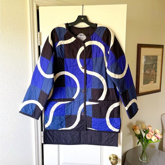 Haptic Lab Snake Path Quilt Coat Organic Cotton Blue Black Large EUC - Picture 2 of 10